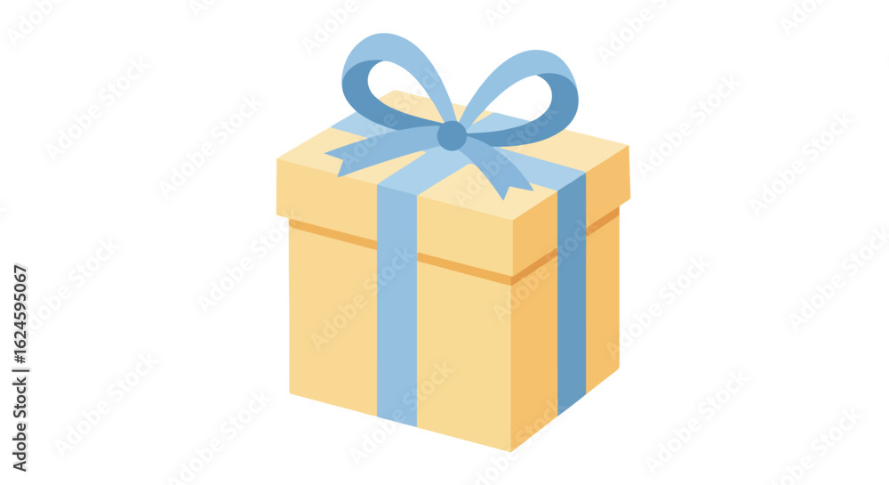 Obraz premium Yellow gift box with light blue ribbon. Isolated, plain background, use in marketing