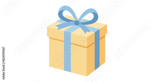 Yellow gift box with light blue ribbon. Isolated, plain background, use in marketing