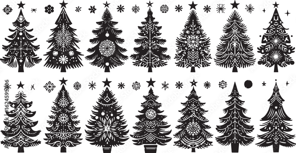 Obraz premium A diverse set of vector tree silhouettes including festive Christmas pine and fir trees, perfect for winter holiday landscape illustrations