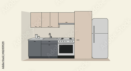 Modern kitchen for cooking use Cabinetry, sink, stove, refrigerator. Flat style