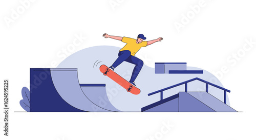 Person Skateboarder Jumping at Skatepark with Ramps Background for extreme sports use