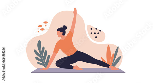 Woman practices yoga pose on mat; abstract design background can be used in web
