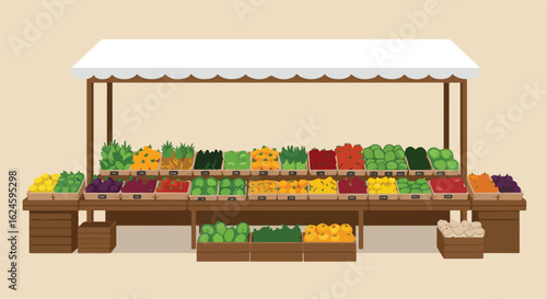 Fresh produce in crates for sale at a market stall on a plain background for design use