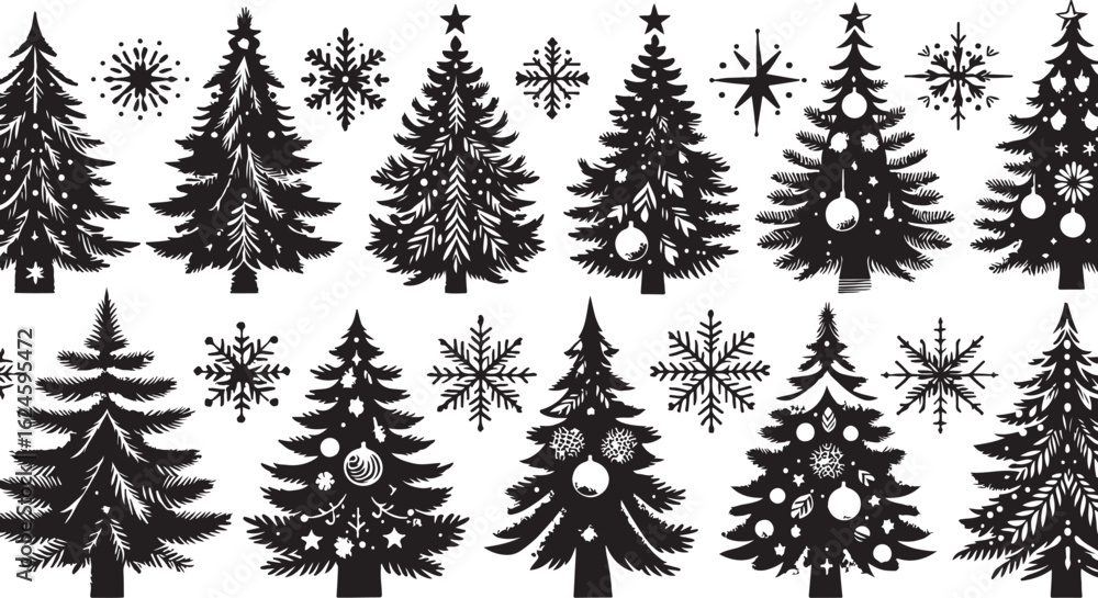 Obraz premium A diverse set of vector tree silhouettes including festive Christmas pine and fir trees, perfect for winter holiday landscape illustrations