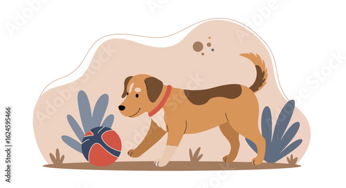 Animated dog with ball in yard. Playful pet illustration for web design