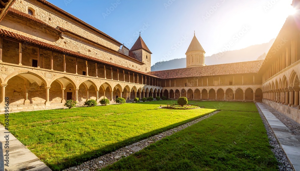 Fototapeta premium Transylvanian architectural symmetry: A sun-kissed monastery courtyard panorama view