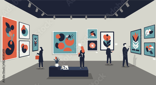 People viewing modern abstract art in the art gallery, illuminated ceiling