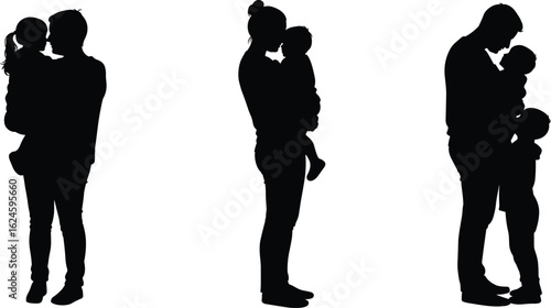 Silhouette of Parent Holding Child, Mother and Father Embracing Kids, Family Bond, Love, Care, Parenting, Affectionate Gesture