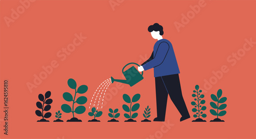 Person waters plants in a row, growth stages on an earthy backdrop for care concepts