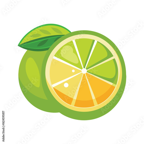 Bright green lime with a cut slice, delicious fruit, healthy food, citrus, juice ingredient
