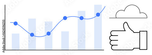 Line graph showing upward trend with bar chart, blue data points, cloud outline, and thumbs-up. Ideal for analytics, growth, approval, feedback, business performance simple landing page