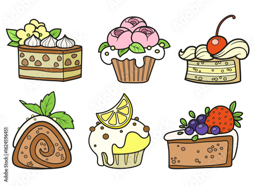Different biscuit cakes with whipped cream and fruits on a white background