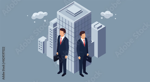 Isometric business people with briefcase stand in city with cloudy sky background