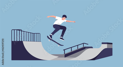 Skateboarder mid-air jump in skatepark with ramps; minimalist style use