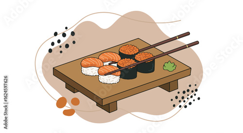 Assorted sushi with chopsticks on board, with wasabi and abstract shapes around