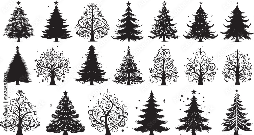 Fototapeta premium A diverse set of vector tree silhouettes including festive Christmas pine and fir trees, perfect for winter holiday landscape illustrations