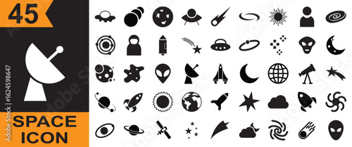 Space icon . Vector for  science, astronomy, satellite, rocket, comet, telescope, planet, universe, astronaut, solar system, galaxy etc. Vector illustration. isolated on white  background. EPS 10