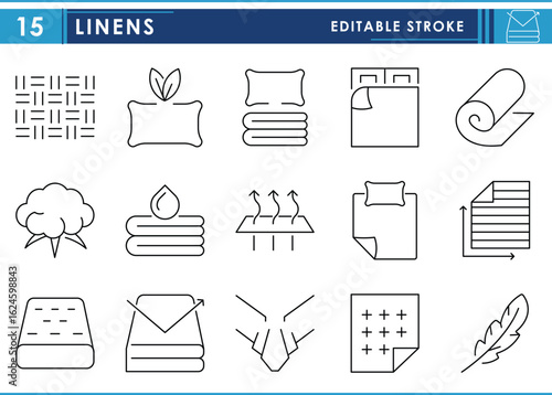 A set of line icons related to Linens. Fabric, cloth, cotton, bed sheet, pillow, and so on. Vector editable stroke.