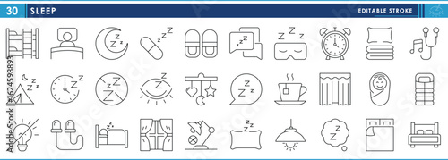 A set of line icons related to Sleep. Sleep, pills, music, health, bed, rest, child, adult, refresh, alarm, and so on. Vector editable stroke.