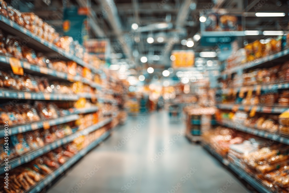Fototapeta premium Blurred supermarket aisle, shelves full of snacks and goods