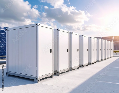 A row of white BESS containers with visible PCS cabinets, located in a solar plant