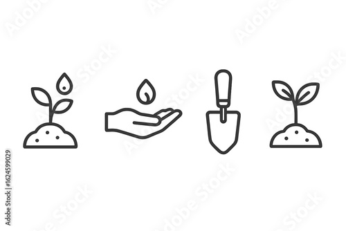 Minimalist gardening icons featuring seedlings and gardening tools