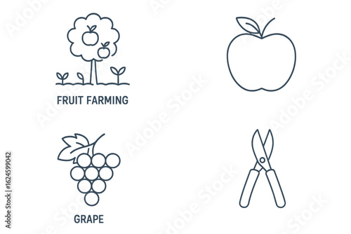 Fruit farming icons with apple, grape, and pruning shears illustrations