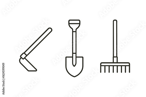 Minimalist line art of gardening tools: hoe, shovel, rake