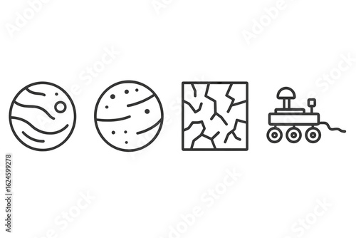 Space exploration icons: planets, cratered surfaces, rover illustrations