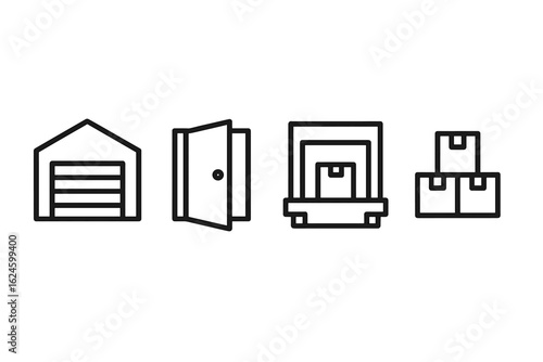 Warehouse icons set with garage door, open door, loading dock, and boxes