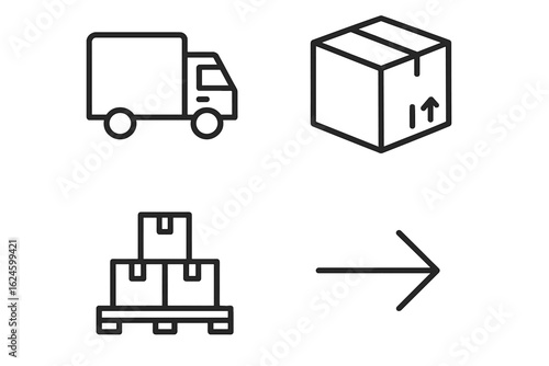 Simple line icons of delivery truck box pallet and arrow indicating shipping