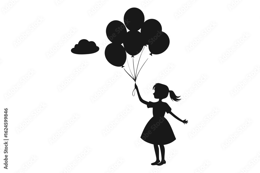 Fototapeta premium Silhouette of a young girl holding a bunch of balloons with a cloud in the background