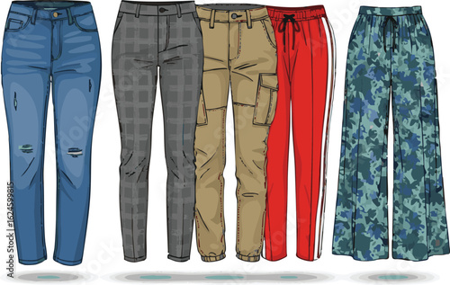 Isolated a Kinds of deferent pant design vector art silhouette with white background.