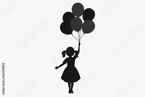 Black silhouette of a young girl holding a bunch of dark balloons