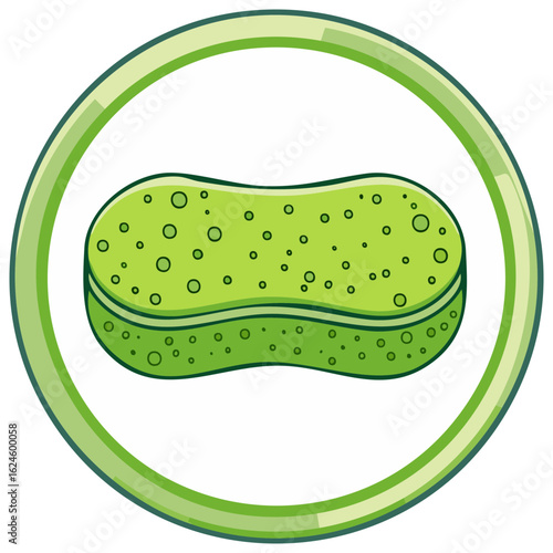 Green Cleaning Sponge in a Decorative Circle. Vector Illustration