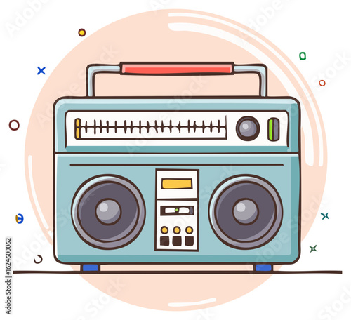 Retro boombox music player with handle and speakers, cartoon illustration