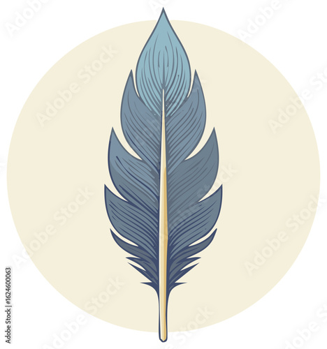 Stylized illustration of a blue feather with detailed texture against a neutral background circle design.