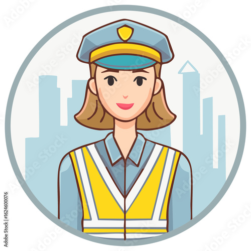 Friendly policewoman or traffic cop cartoon avatar with a city skyline