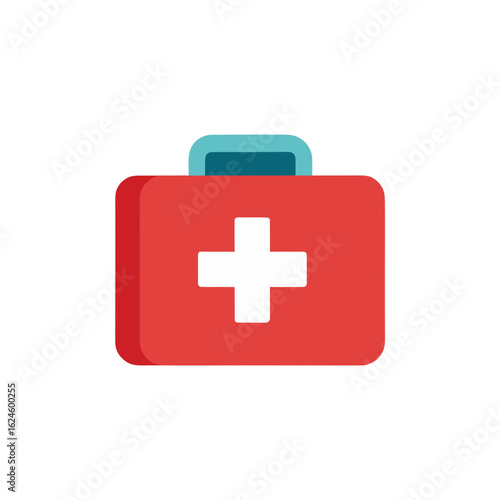 Red first aid kit with white cross and blue handle