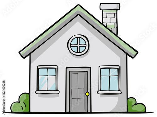 Charming cartoon style single family house with chimney and green roof