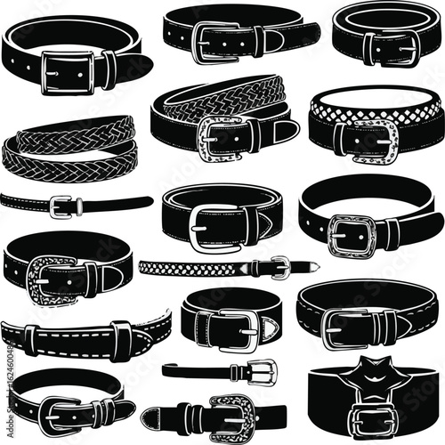 Isolated a Kinds of deferent belt design vector art silhouette with white background.