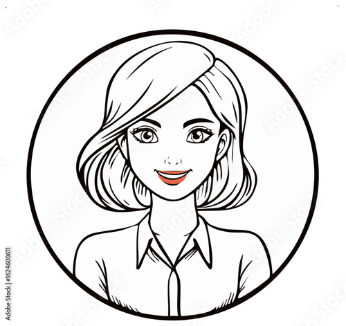 Portrait of an animated woman in black and white art style in a circle frame for avatar profile pictures or icons