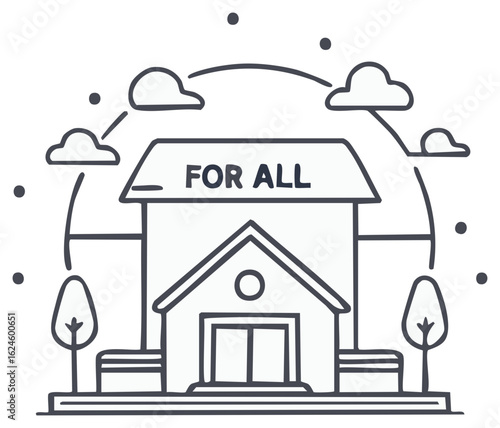 House with "FOR ALL" text connected by network lines, symbolizing universal access and community.