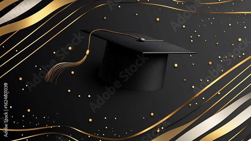 Elegant Graduation Concept with Black Mortarboard and Gold Accents on Black Background