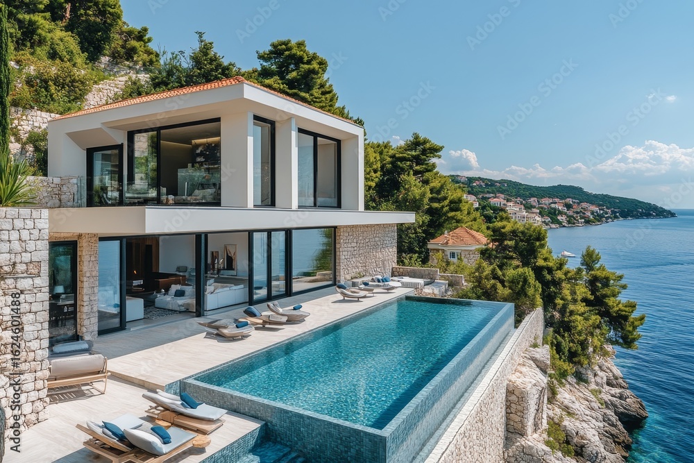 Fototapeta premium Exterior of a modern minimalist cubic villa featuring a large swimming pool, located by the seaside with a stunning sea view, Generative AI