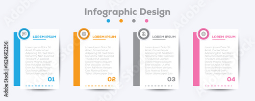 Modern infographic data sheet design template — modular grid page layout set.  4 steps template. Timeline, Business presentation. Vector illustration.