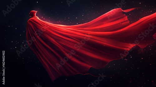 Crimson Cape Character Amidst Dark Space, a Digital Illustration with Sparkles