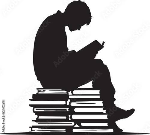 Reading Person on Book Stack Silhouette – Vector Illustration of Knowledge, Solitude, and Study