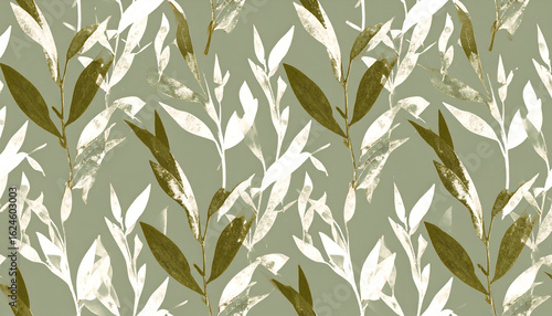 Serene Olive Branch Pattern with Textured, Layered Leaf Silhouettes