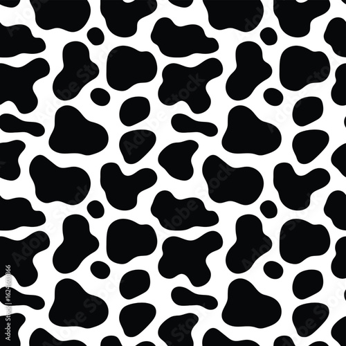 Seamless pattern of black cow spots on a white background creates a classic animal print design